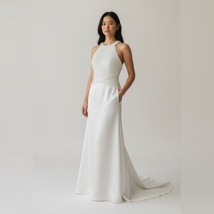 White Pearl beaded wedding dress with detachable overskirt